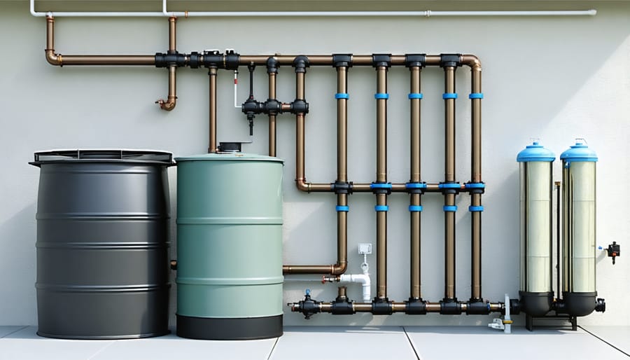 Detailed view of a residential rainwater harvesting and distribution system