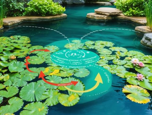 Tranquil pond with vibrant aquatic plants and a clear depiction of the phosphate cycle showing nutrient flow among fish, plants, and bacteria in a balanced ecosystem.