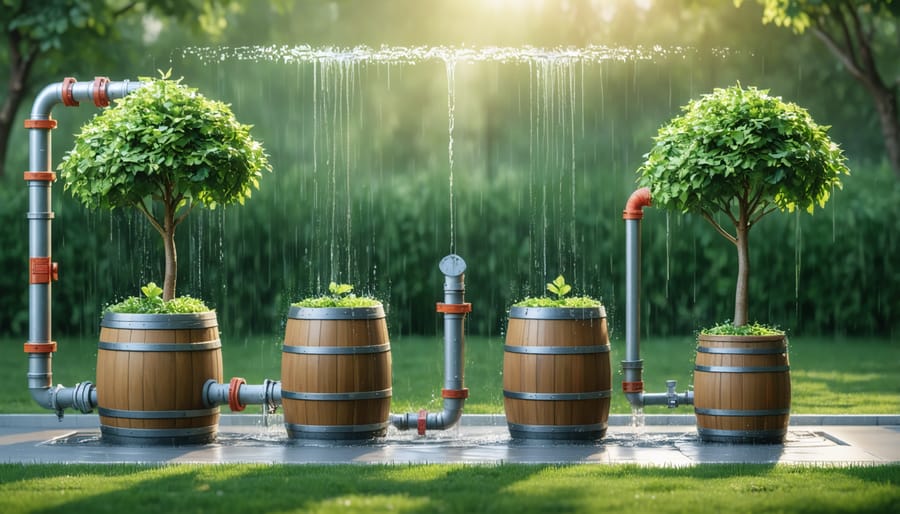Complete rain barrel collection system showing gutters, barrel, and connection to garden irrigation