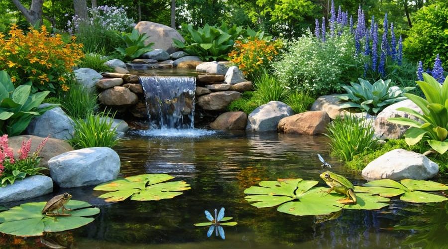 A picturesque backyard natural pond surrounded by native plants and stones, featuring a small waterfall and reflecting the sky. Dragonflies and frogs highlight the thriving ecosystem made using earth-friendly materials.