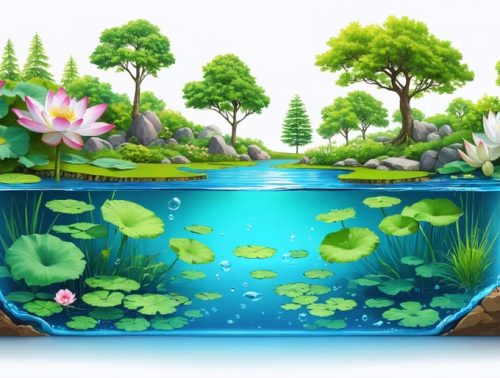 Cross-section illustration of a water garden displaying shallow margins, deep water, and open water zones with examples of water lilies, lotus, and marginal plants. Labels identify each type of plant and zone, depicting a balanced aquatic ecosystem.
