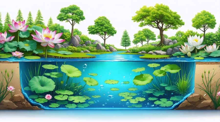 Cross-section illustration of a water garden displaying shallow margins, deep water, and open water zones with examples of water lilies, lotus, and marginal plants. Labels identify each type of plant and zone, depicting a balanced aquatic ecosystem.