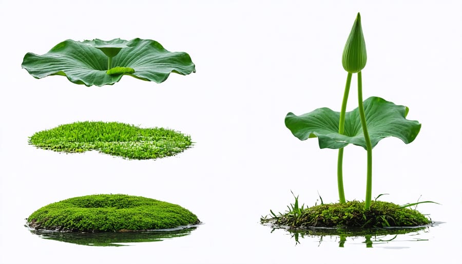 Various aquatic plants commonly used for pond filtration displayed together
