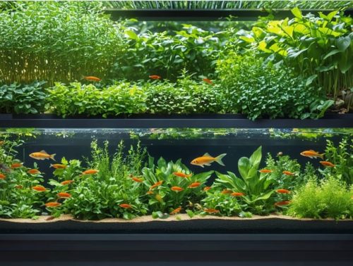 A backyard aquaponics system featuring a clear fish tank with swimming fish and abundant green plants thriving in integrated growing beds above.