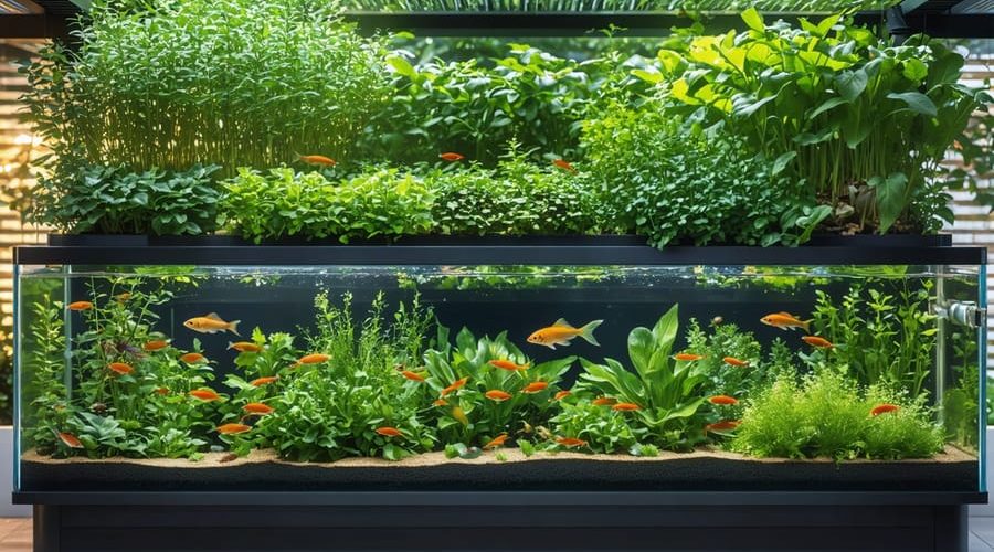 A backyard aquaponics system featuring a clear fish tank with swimming fish and abundant green plants thriving in integrated growing beds above.