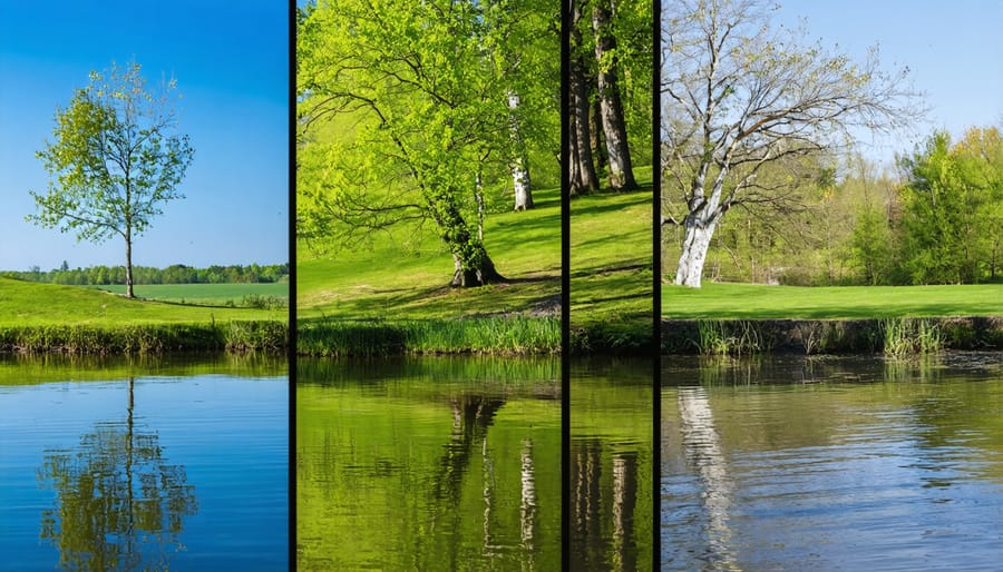 Quadrant view of a garden pond throughout spring, summer, fall, and winter seasons