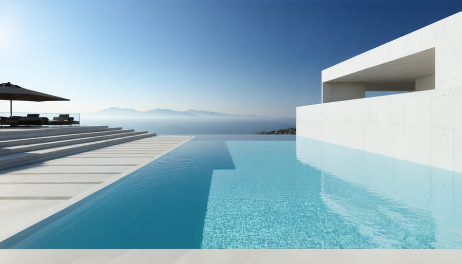 Contemporary infinity edge pool featuring angular design and reflecting water surface