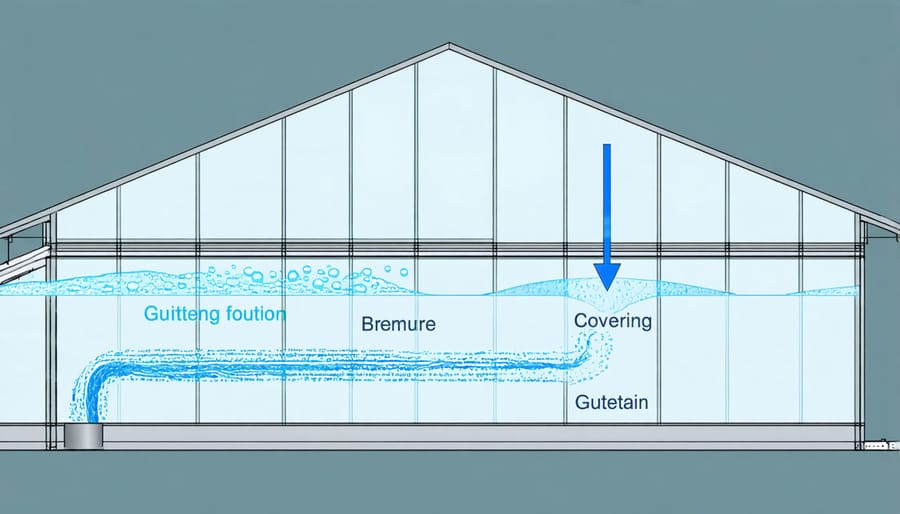 Technical illustration of water movement and collection points on a greenhouse structure