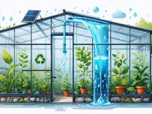 Conceptual illustration of a greenhouse featuring a water collection system with rainwater flowing from the roof into a storage tank and drip irrigation lines hydrating the plants inside, highlighting sustainable gardening practices.