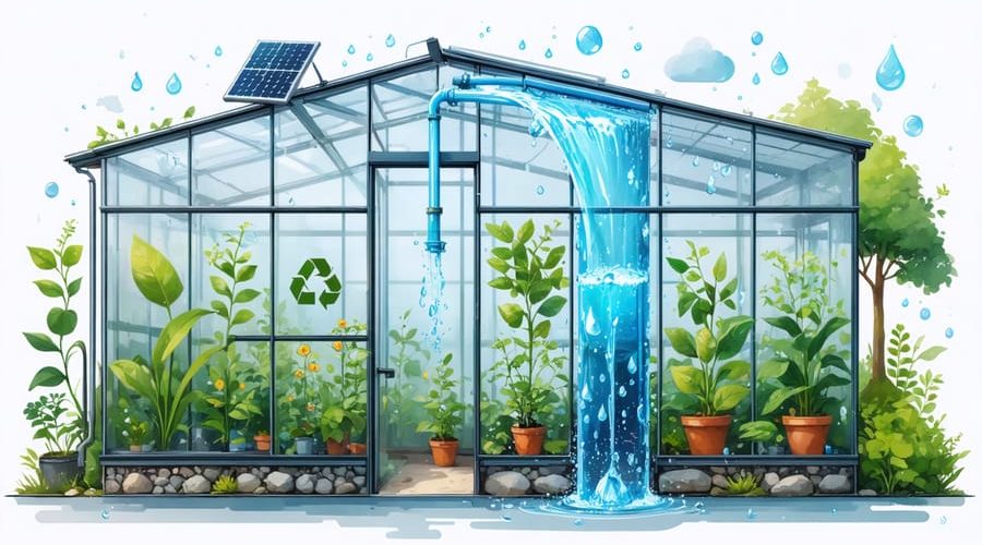 Conceptual illustration of a greenhouse featuring a water collection system with rainwater flowing from the roof into a storage tank and drip irrigation lines hydrating the plants inside, highlighting sustainable gardening practices.