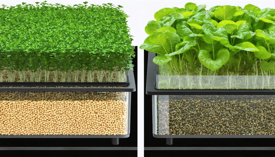 Comparison showing a media-filled grow bed with expanded clay pellets next to a floating raft system with plant roots in water