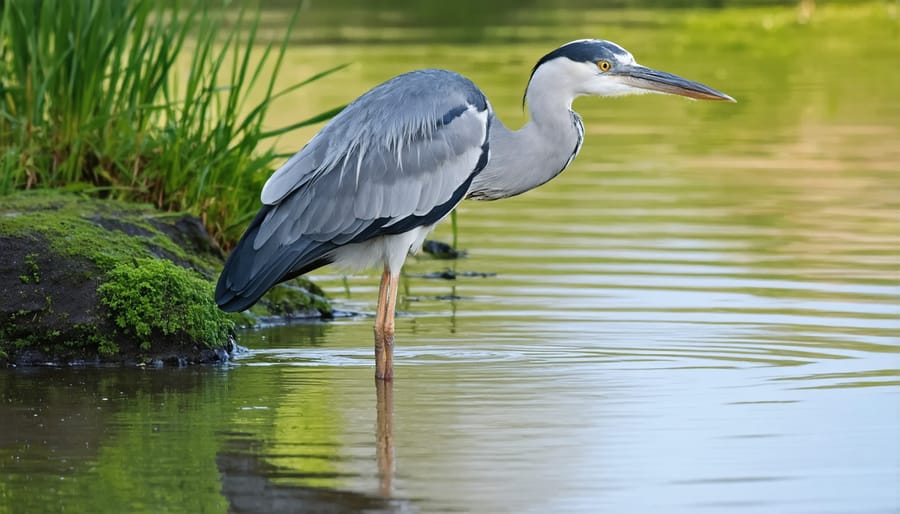 Grey heron hunting for fish at a garden pond's edge