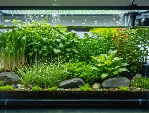 A vibrant water garden featuring a modern hydroponic system with various plants growing in nutrient-rich water, integrated with traditional water garden elements.
