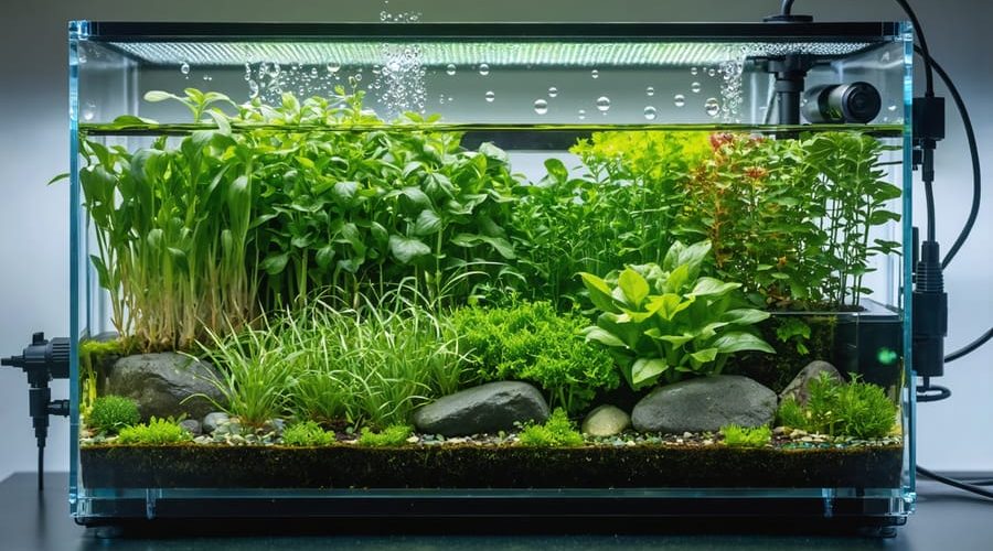 A vibrant water garden featuring a modern hydroponic system with various plants growing in nutrient-rich water, integrated with traditional water garden elements.