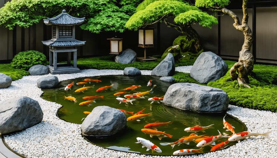 Serene Japanese garden with koi pond, stone lanterns, and manicured plants