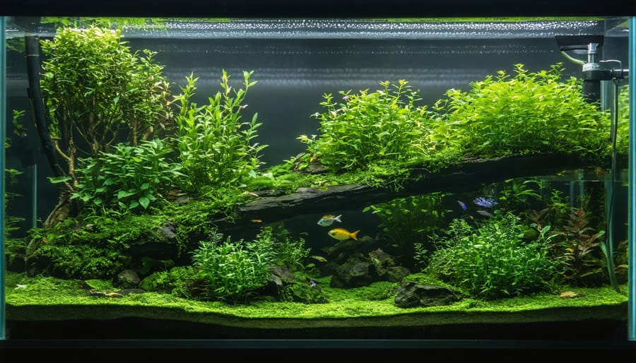 Professional aquascape displaying foreground carpet plants, midground bushes, and tall background plants