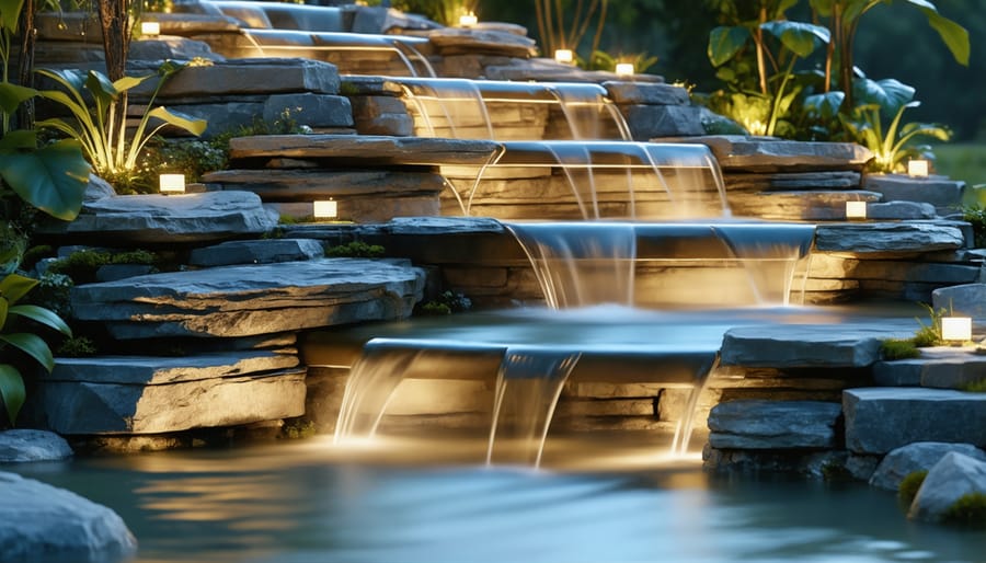 Multi-tiered stone water feature with subtle lighting and flowing water at dusk