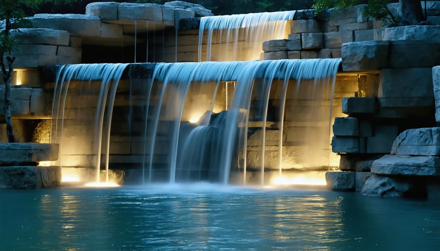 Garden waterfall at night with lights emphasizing the flowing water and surrounding rocks
