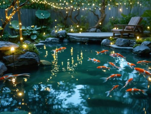 Nighttime view of a garden pond transformed by artful lighting, featuring illuminated koi fish and aquatic plants with pathways lit by overhead string lights.
