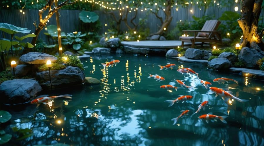 Nighttime view of a garden pond transformed by artful lighting, featuring illuminated koi fish and aquatic plants with pathways lit by overhead string lights.
