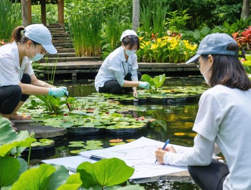 Dedicated gardeners engaging in hands-on water garden training, including water testing and design planning, set against the backdrop of a lush, thriving water garden.