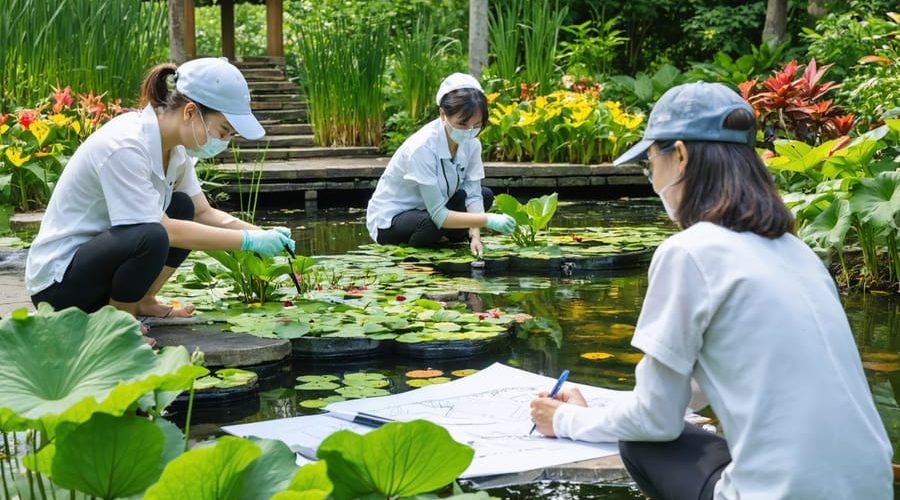 Dedicated gardeners engaging in hands-on water garden training, including water testing and design planning, set against the backdrop of a lush, thriving water garden.