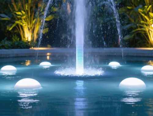 A night-time scene illustrating a garden fountain beautifully illuminated by a spectrum of underwater LED lights, casting captivating reflections on the water and creating a magical atmosphere with surrounding plants softly highlighted.