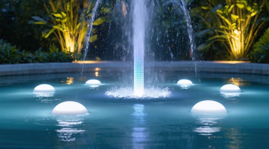 A night-time scene illustrating a garden fountain beautifully illuminated by a spectrum of underwater LED lights, casting captivating reflections on the water and creating a magical atmosphere with surrounding plants softly highlighted.
