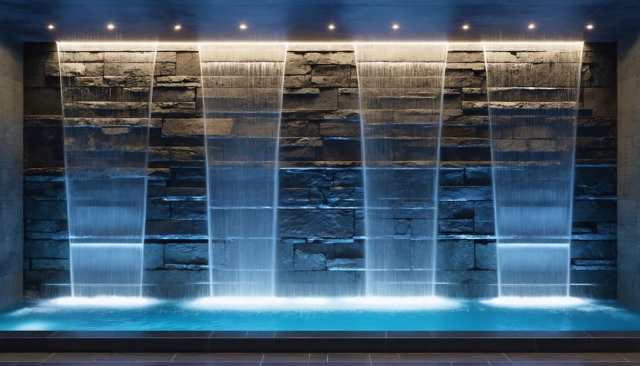 Contemporary water wall feature with blue LED lighting creating a dramatic nighttime display