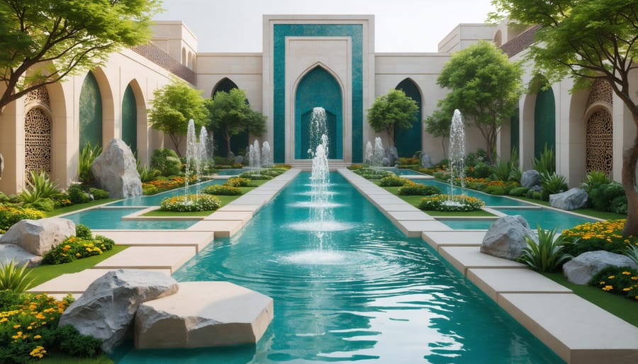 Contemporary water garden featuring Persian-inspired geometric channels and water features
