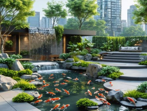 A modern urban backyard with a meticulously designed koi pond featuring cascading waterfalls and lush greenery, seamlessly integrated with urban architecture elements.