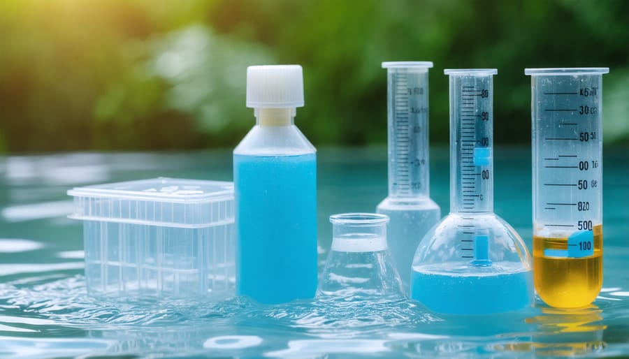 Collection of essential aquaponics monitoring tools including pH meter, thermometer, and water testing kits