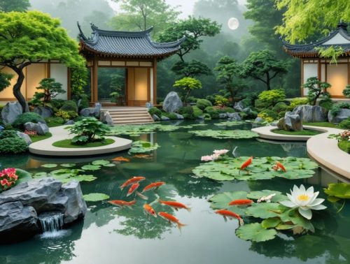 Artistic depiction of a water garden integrating Japanese, Persian, and Chinese design elements, featuring a koi pond with a moon gate, geometric water channels, and lotus flowers.