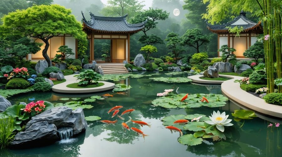 Artistic depiction of a water garden integrating Japanese, Persian, and Chinese design elements, featuring a koi pond with a moon gate, geometric water channels, and lotus flowers.