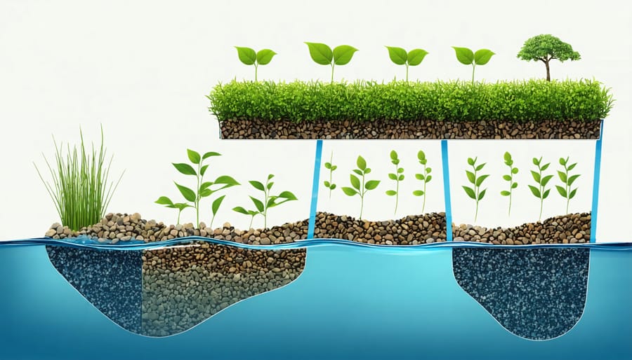 Detailed view of a natural pond filtration system with visible layers and water circulation