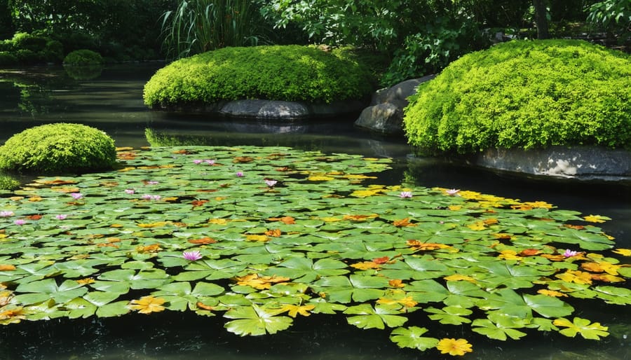 Harmonious arrangement of water lilies, marsh marigolds, and marginal plants in a pond setting