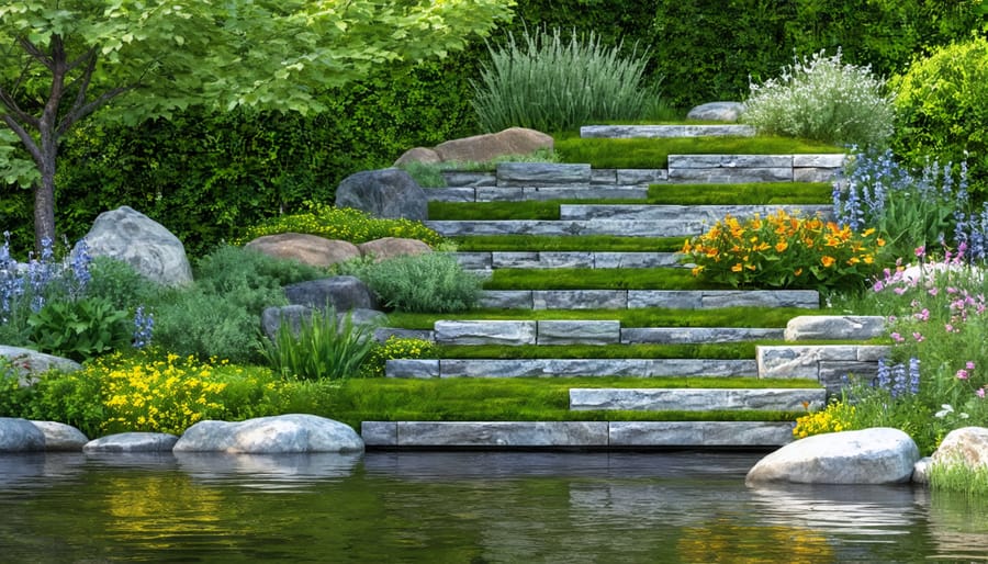 Cross-section view of a naturalized pond edge with plant shelves and stone placement