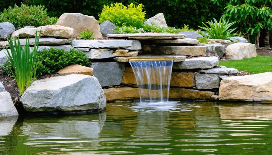 Beautiful natural stone edging with native plants creating a seamless transition between pond and landscape