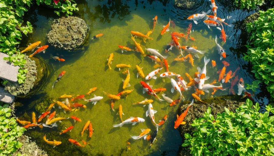 Natural wetland filtration system integrated into a koi pond with vibrant plants and flowing water