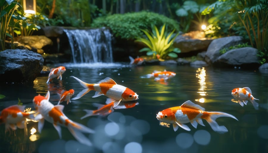 Nighttime view of a garden pond with underwater lighting highlighting swimming koi fish and aquatic plants