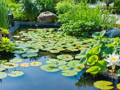 A beautiful pond ecosystem displaying different plant types with their corresponding planting media, including water lilies in mesh containers, marginal plants with aquatic soil and gravel, and floating plants like water lettuce, all contributing to a vibrant water garden.