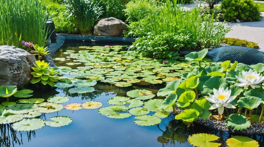 A beautiful pond ecosystem displaying different plant types with their corresponding planting media, including water lilies in mesh containers, marginal plants with aquatic soil and gravel, and floating plants like water lettuce, all contributing to a vibrant water garden.