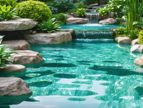A picturesque water garden pond with a stone and plant border, illustrating the successful use of water barriers in maintaining clear water and preventing soil erosion.