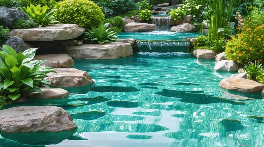 A picturesque water garden pond with a stone and plant border, illustrating the successful use of water barriers in maintaining clear water and preventing soil erosion.