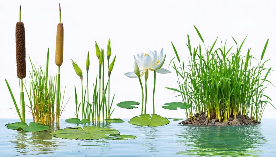 Grid of four beneficial pond plants that help control phosphate levels