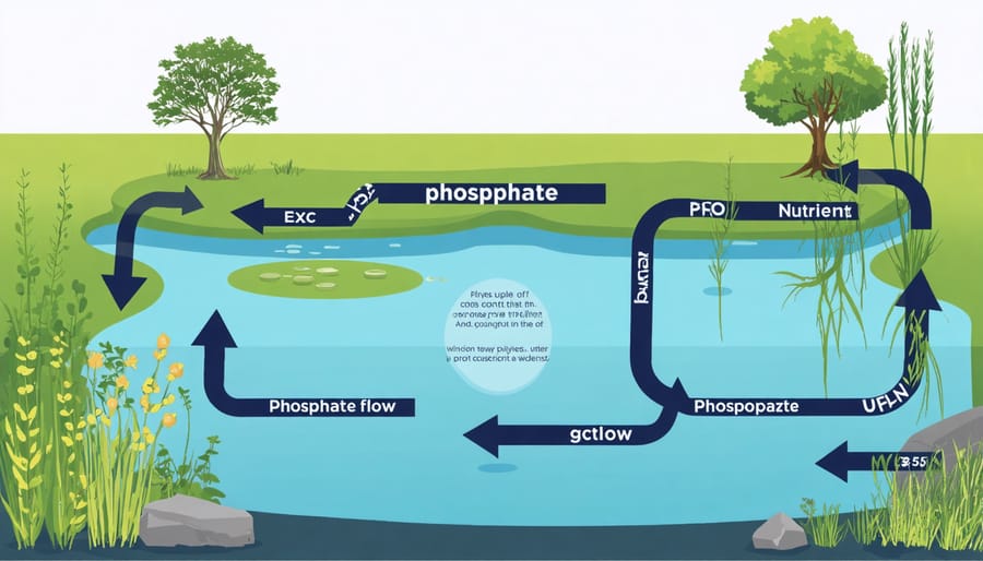 Circular diagram illustrating how phosphates move through a pond system, including fish, plants, and bacteria