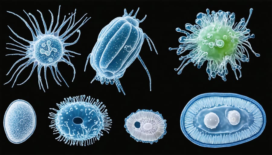 Magnified image of different types of phytoplankton organisms under microscope