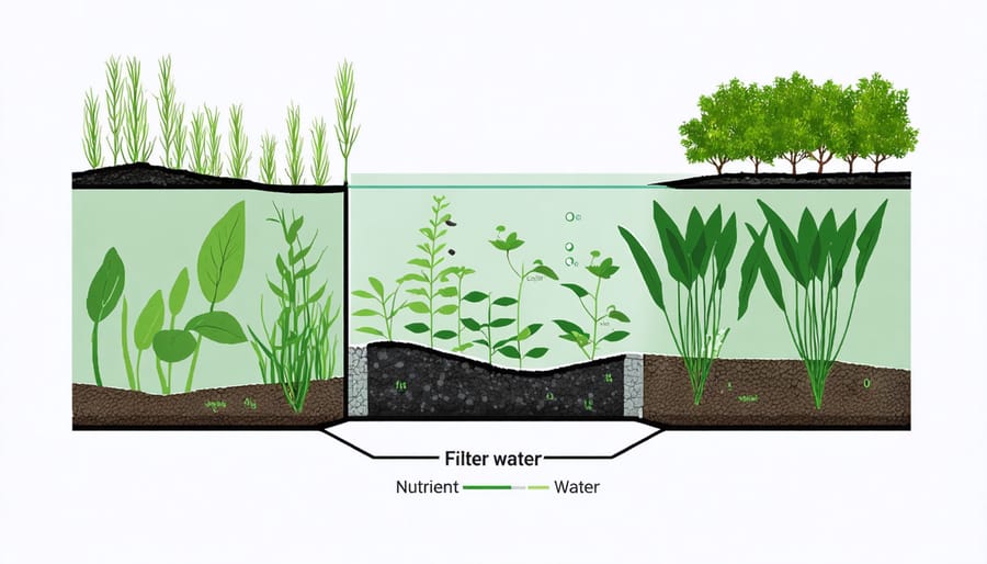 Illustrated diagram showing plant roots filtering pond water and absorbing nutrients