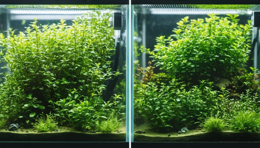 Comparison of healthy aquarium plants versus plants showing nutrient deficiency symptoms