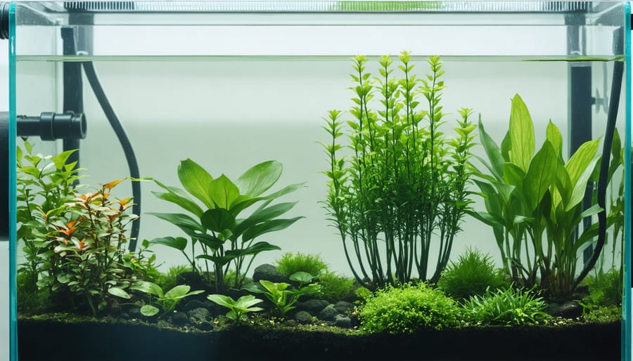 Sequential images showing the process of preparing and planting aquatic plants in pond media